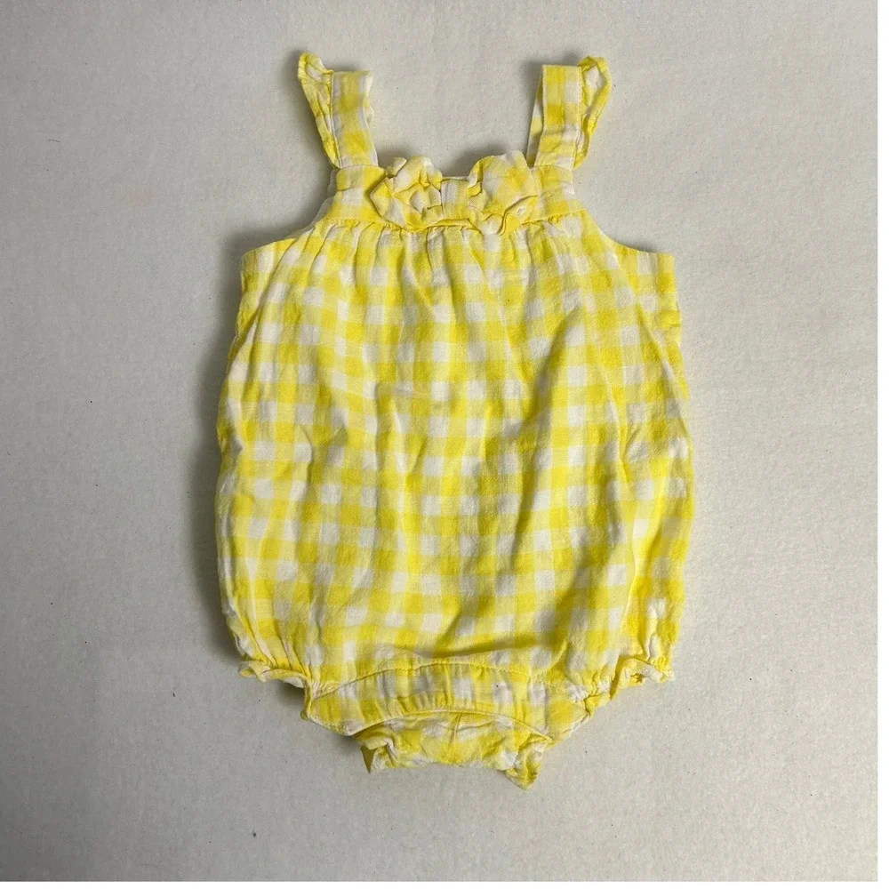 Preppy Janie and Jack Kids 3-6 Months Yellow Gingham Linen Cotton Bubble‎ Romper